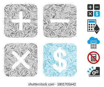 Dash Mosaic based on financial calculator icon. Mosaic vector financial calculator is designed with random hatch items. Bonus icons are added.