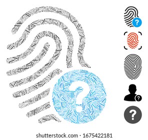 Dash Mosaic based on fingerprint status icon. Mosaic vector fingerprint status is composed with scattered dash items. Bonus icons are added.