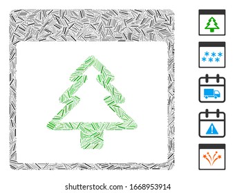 Dash Mosaic based on fir tree calendar page icon. Mosaic vector fir tree calendar page is composed with randomized dash items. Bonus icons are added.