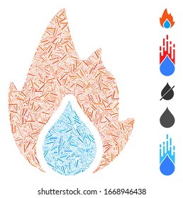 Dash Mosaic based on fire and water drop icon. Mosaic vector fire and water drop is composed with randomized dash items. Bonus icons are added.