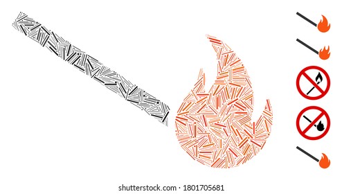 Dash Mosaic based on fired match icon. Mosaic vector fired match is composed with random hatch elements. Bonus icons are added.