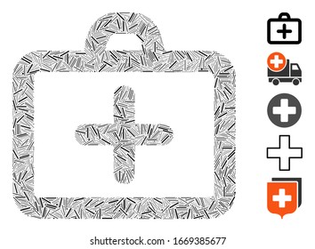 Dash Mosaic based on first aid icon. Mosaic vector first aid is composed with randomized dash elements. Bonus icons are added.