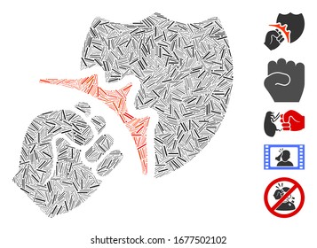 Dash Mosaic based on fist strike shield icon. Mosaic vector fist strike shield is created with random dash elements. Bonus icons are added.