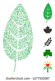 Dash Mosaic basado en el icono de la hoja de flora. La hoja de flora vectorial mosaica se forma con puntos de guión aleatorio. Se agregan iconos de bonificación.