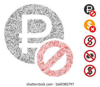 Dash Mosaic basado en el ícono del rublo prohibido. El rublo vectorial mosaico prohibido se forma con elementos de guiones aleatorios. Se agregan iconos de bonificación.