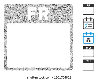 Dash Mosaic based on Friday calendar page icon. Mosaic vector Friday calendar page is created with scattered dash dots. Bonus icons are added.