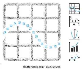 Dash Mosaic based on function chart icon. Mosaic vector function chart is created with randomized dash spots. Bonus icons are added.