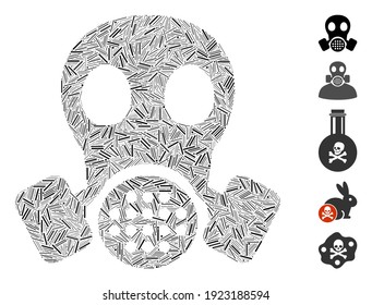 Dash Mosaic based on gas mask icon. Mosaic vector gas mask is created with randomized dash spots. Bonus icons are added.