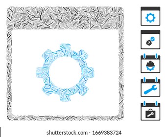 Dash Mosaic basierend auf den Fanggerätoptionen Kalenderseite Symbol. Die Mosaik Vektorillustration Fanggerätoptionen Kalenderseite wird mit vereinzelten Dash-Flecken gebildet. Bonussymbole werden hinzugefügt.