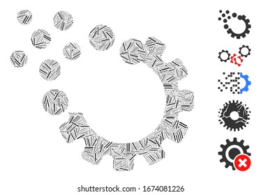 Dash Mosaic based on gear disruption icon. Mosaic vector gear disruption is designed with randomized dash dots. Bonus icons are added.