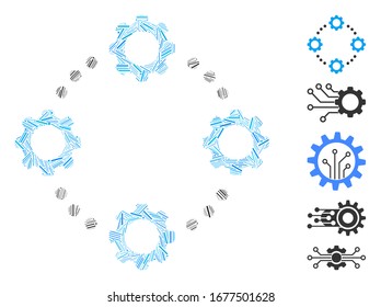 Mosaico de guiones basado en el icono de conexión virtual de engranajes. La conexión virtual de engranajes vectoriales mosaicos está diseñada con elementos de guiones dispersos. Se agregan iconos de bonificación.