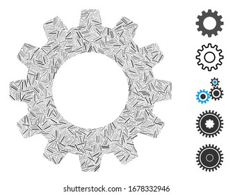 Dash Mosaic based on gear icon. Mosaic vector gear is created with randomized dash dots. Bonus icons are added.