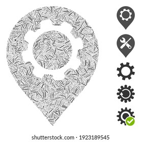 Dash Mosaic based on gear marker icon. Mosaic vector gear marker is composed with random dash elements. Bonus icons are added.
