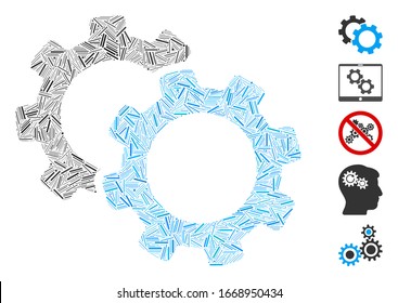 Dash Mosaic based on gears icon. Mosaic vector gears is formed with randomized dash spots. Bonus icons are added.
