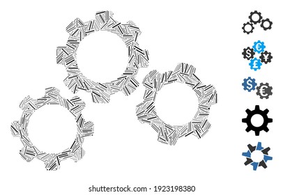 Dash Mosaic based on gears icon. Mosaic vector gears is composed with randomized dash spots. Bonus icons are added.