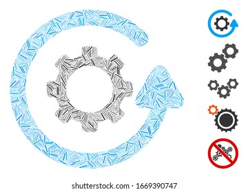 Mosaico de guiones basado en el icono de dirección de rotación del engranaje. La dirección de rotación del volante del vector mosaico está compuesta por puntos de línea aleatorizados. Se agregan iconos de bonificación.