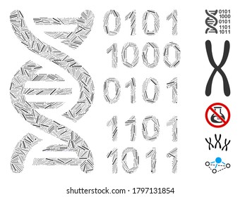 Dash Mosaic based on genome icon. Mosaic vector genome is created with scattered dash items. Bonus icons are added.