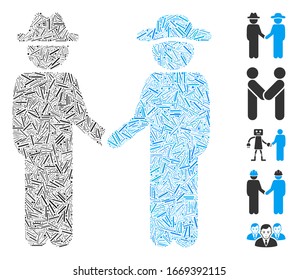 Dash Mosaic based on gentleman handshake icon. Mosaic vector gentleman handshake is designed with scattered dash elements. Bonus icons are added.