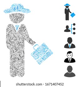 Dash Mosaic based on gentleman manager icon. Mosaic vector gentleman manager is designed with randomized dash spots. Bonus icons are added.