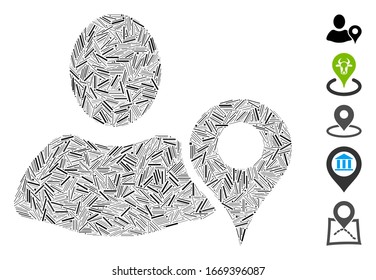 Dash Mosaic based on geo targeting icon. Mosaic vector geo targeting is formed with scattered dash items. Bonus icons are added.