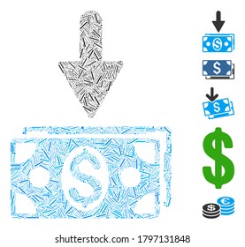 Dash Mosaic based on get dollar banknotes icon. Mosaic vector get dollar banknotes is formed with random dash dots. Bonus icons are added.