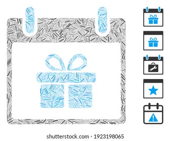 Dash Mosaic based on gift box calendar day icon. Mosaic vector gift box calendar day is composed with random dash items. Bonus icons are added.