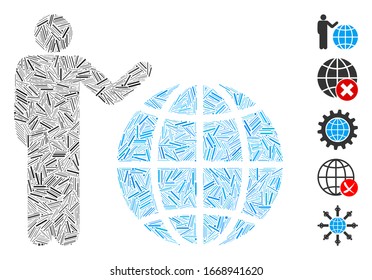 Dash Mosaic basado en el icono de marketing global. El marketing global de vector mosaico está compuesto por elementos de guiones dispersos. Se agregan iconos de bonificación.