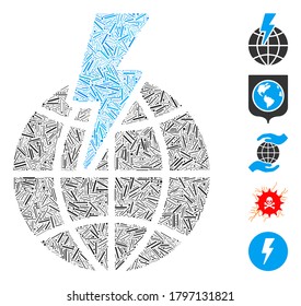 Dash Mosaic based on global shock icon. Mosaic vector global shock is composed with randomized dash dots. Bonus icons are added.