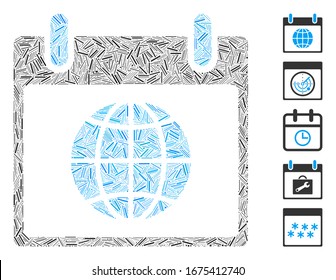 Dash Mosaic based on globe calendar day icon. Mosaic vector globe calendar day is designed with randomized dash spots. Bonus icons are added.