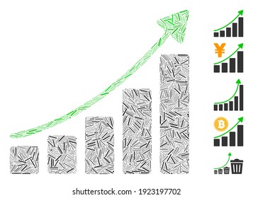 Dash Mosaic based on growing bar chart trend icon. Mosaic vector growing bar chart trend is designed with scattered hatch spots. Bonus icons are added.