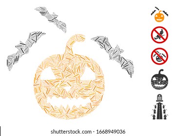 Dash Mosaic based on halloween bats icon. Mosaic vector halloween bats is created with scattered dash elements. Bonus icons are added.