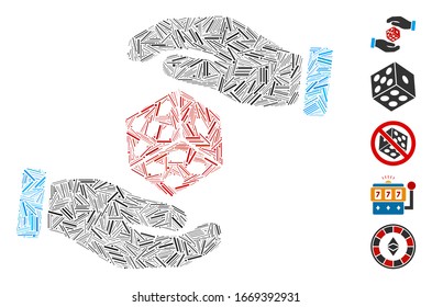 Dash Mosaic based on hands throw dice icon. Mosaic vector hands throw dice is created with random dash elements. Bonus icons are added.
