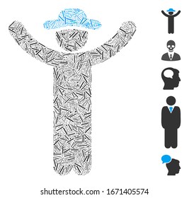 Dash Mosaic basado en el ícono de caballero manos arriba. El hidalgo vectorial de mosaico es diseñado con elementos de guión aleatorizados. Se agregan iconos de bonificación.