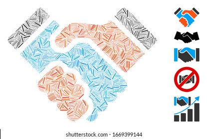 Dash Mosaic based on handshake icon. Mosaic vector handshake is formed with randomized dash dots. Bonus icons are added.