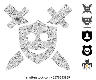 Dash Mosaic based on happy shield icon. Mosaic vector happy shield is created with scattered dash items. Bonus icons are added.