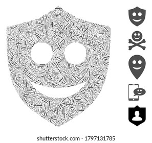 Dash Mosaic based on happy shield icon. Mosaic vector happy shield is designed with randomized dash items. Bonus icons are added.