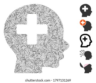 Dash Mosaic based on head medicine icon. Mosaic vector head medicine is designed with randomized dash dots. Bonus icons are added.