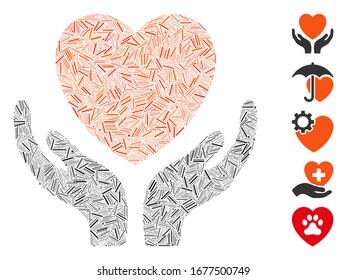 Dash Mosaic based on heart care icon. Mosaic vector heart care is created with scattered dash spots. Bonus icons are added.