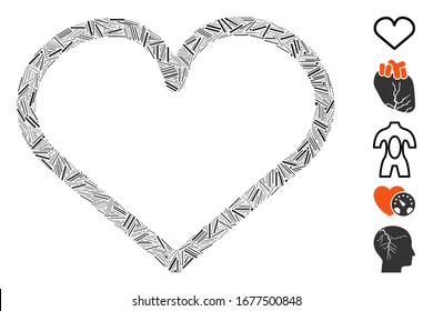 Dash Mosaic basado en el icono del corazón. El corazón vectorial mosaico se crea con puntos de guiones dispersos. Se agregan iconos de bonificación.
