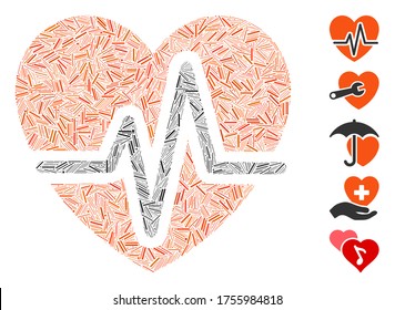 Dash Mosaic based on heart diagram icon. Mosaic vector heart diagram is composed with randomized dash items. Bonus icons are added.