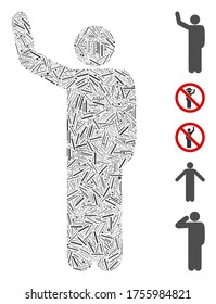 Dash Mosaic based on hello pose icon. Mosaic vector hello pose is designed with random dash spots. Bonus icons are added.