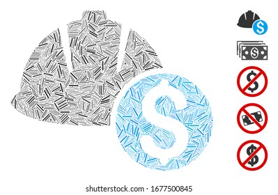 Dash Mosaic based on helmet price icon. Mosaic vector helmet price is composed with random dash elements. Bonus icons are added.