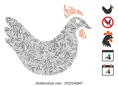 Dash Mosaic based on hen icon. Mosaic vector hen is composed with random dash elements. Bonus icons are added.