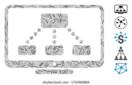 Dash Mosaic based on hierarchy monitor icon. Mosaic vector hierarchy monitor is composed with random dash items. Bonus icons are added.