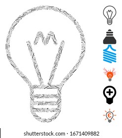 Dash Mosaic based on hint lamp icon. Mosaic vector hint lamp is designed with randomized dash spots. Bonus icons are added.