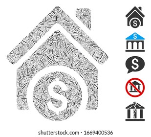 Dash Mosaic basado en el icono del precio de la casa. El precio de la casa vectorial mosaico está compuesto por elementos de guión aleatorizados. Se agregan iconos de bonificación.