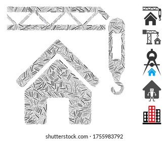 Dash Mosaic basado en el ícono de construcción de viviendas. La construcción del hogar del vector mosaico se compone de elementos de guiones aleatorios. Se agregan iconos de bonificación.