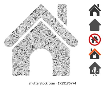 Dash Mosaic based on home icon. Mosaic vector home is designed with randomized line spots. Bonus icons are added.