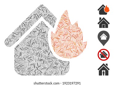 Dash Mosaic based on home fire disaster icon. Mosaic vector home fire disaster is formed with randomized dash spots. Bonus icons are added.