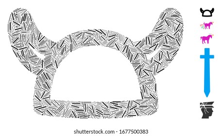 Dash Mosaic based on horned helmet icon. Mosaic vector horned helmet is created with scattered dash dots. Bonus icons are added.